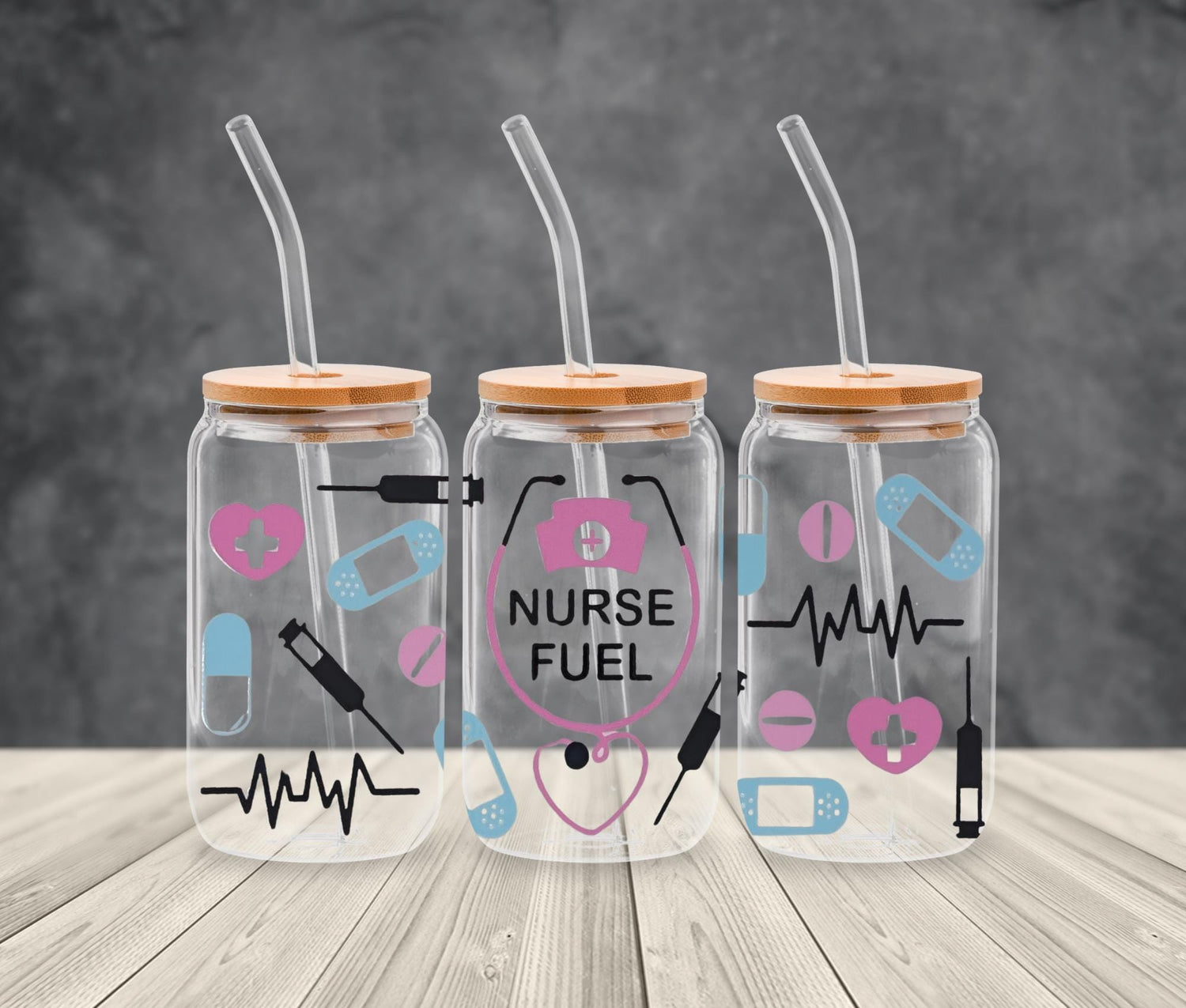 Nurse Fuel Glass Tumbler: Medical Theme, Bamboo Lid & Straw