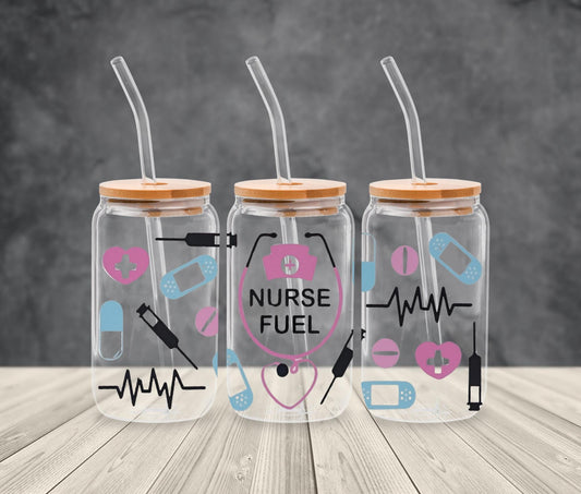 Nurse Fuel Glass Tumbler: Medical Theme, Bamboo Lid & Straw