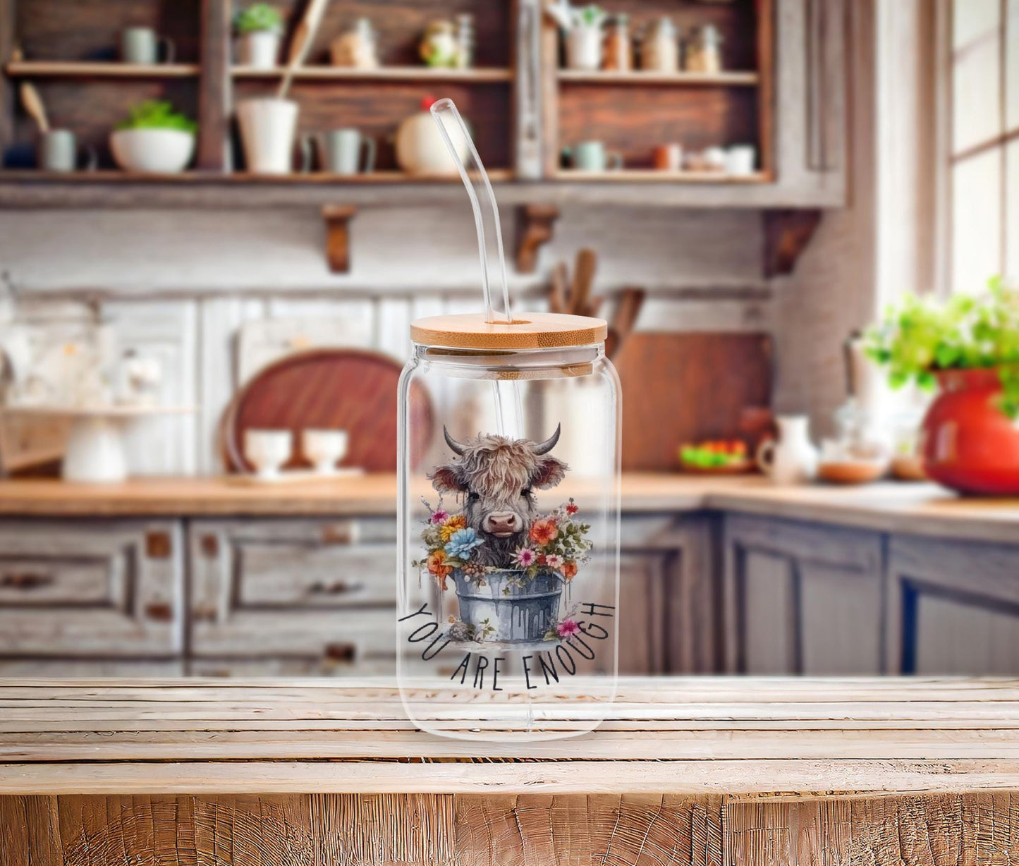 Highland Cow Glass Can: Funny Farmhouse Iced Coffee Tumbler with Bamboo Lid
