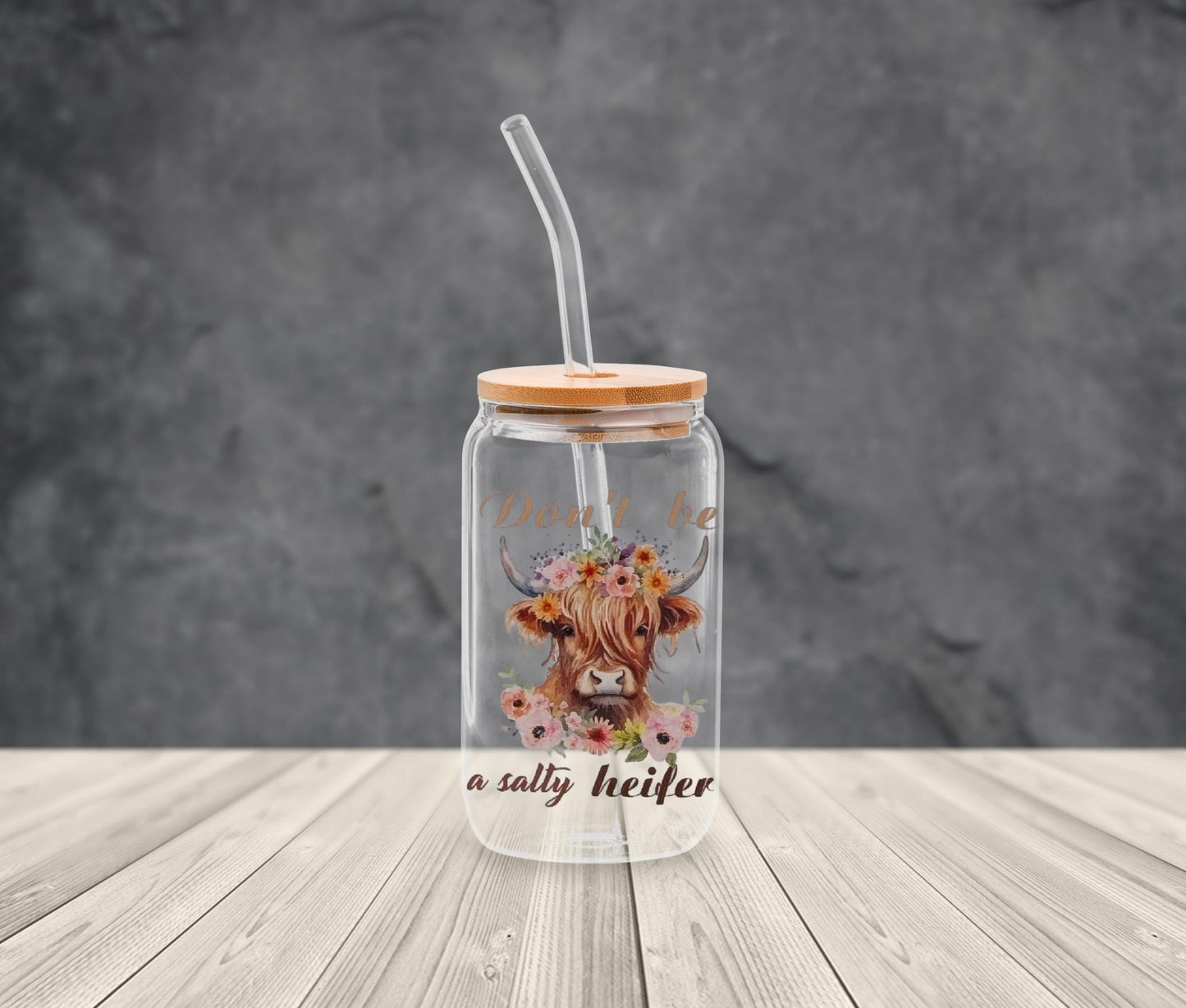 Highland Cow Glass Can: Funny Farmhouse Iced Coffee Tumbler with Bamboo Lid