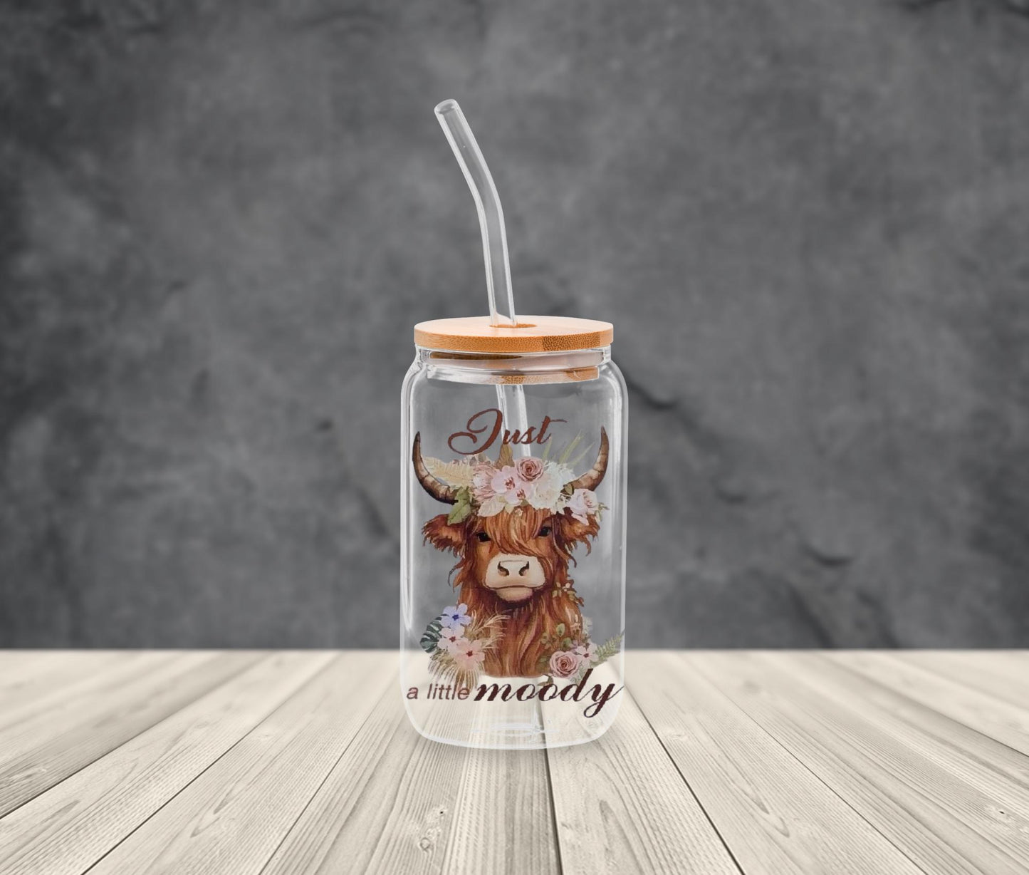 Highland Cow Glass Can: Funny Farmhouse Iced Coffee Tumbler with Bamboo Lid