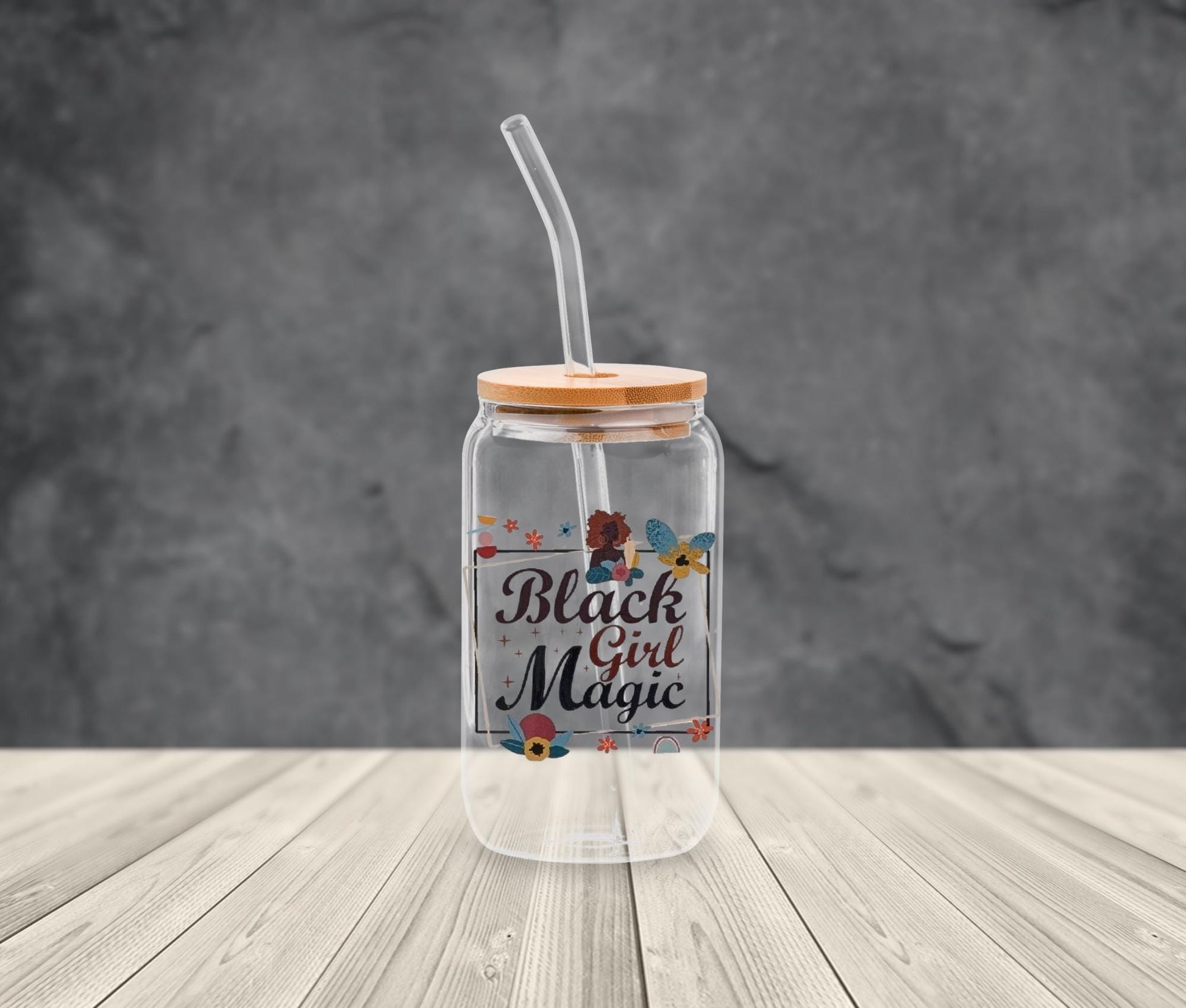 Black Girl Magic Affirmation Glass Cup: Iced Coffee Tumbler with Bamboo Lid