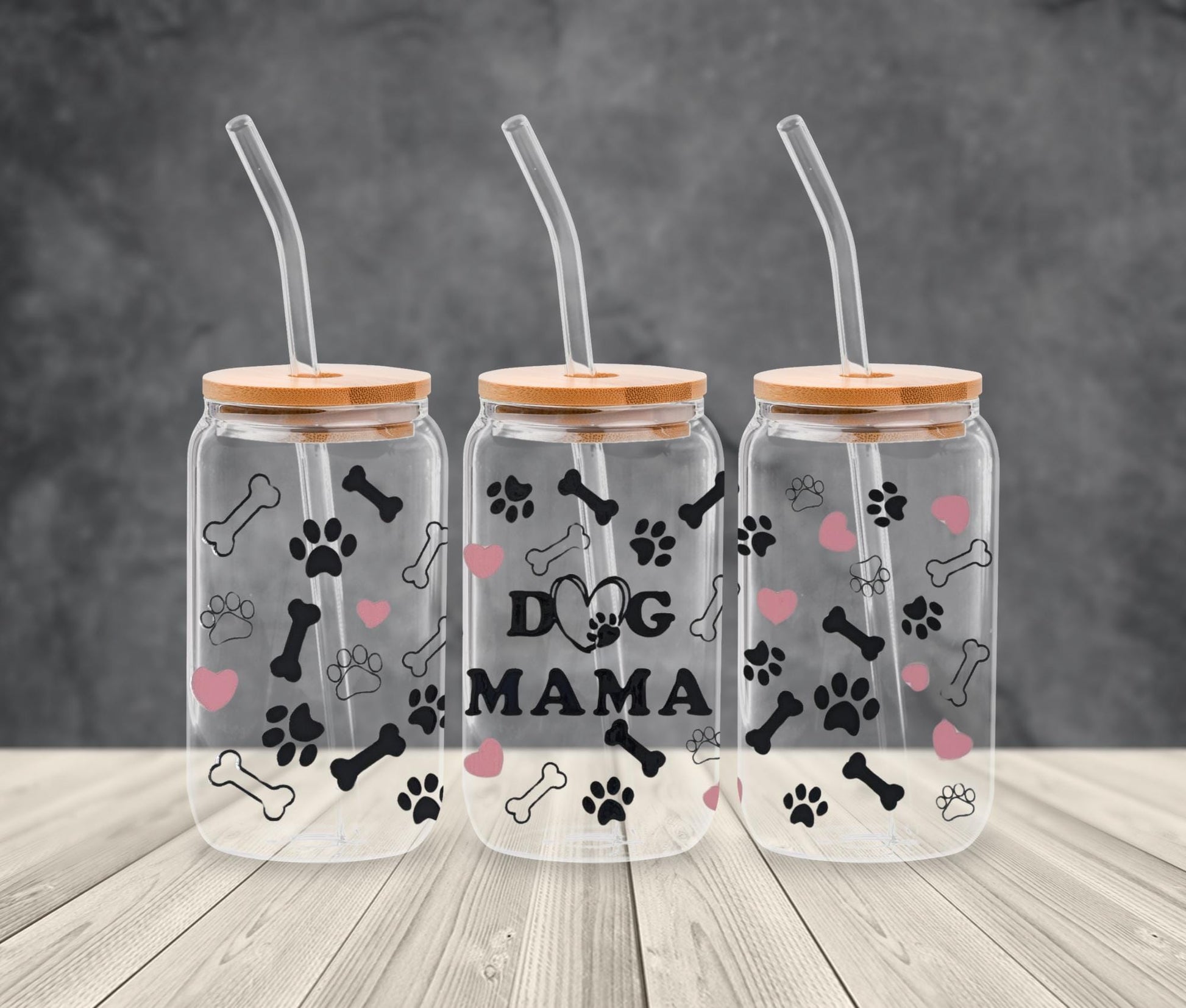 16oz Pet Lover Glass Cup with Bamboo Lid and Straw, UV DTF Dog and Cat Designs, Cute Iced Coffee Glass Tumbler Gift