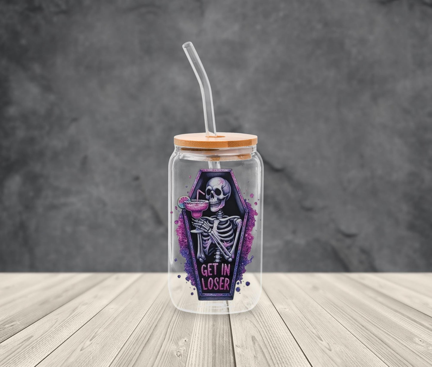 Skeleton Glass Iced Coffee Cup: Dark Humor Goth Tumbler with Bamboo Lid