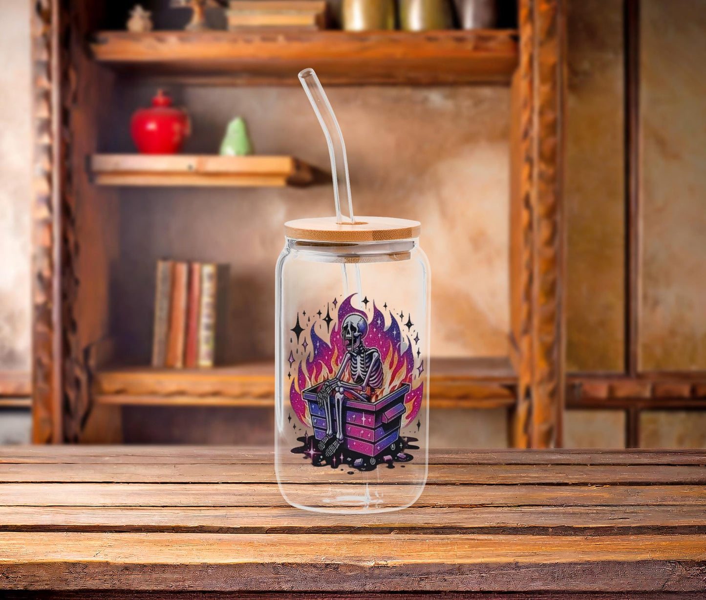 Skeleton Glass Iced Coffee Cup: Dark Humor Goth Tumbler with Bamboo Lid