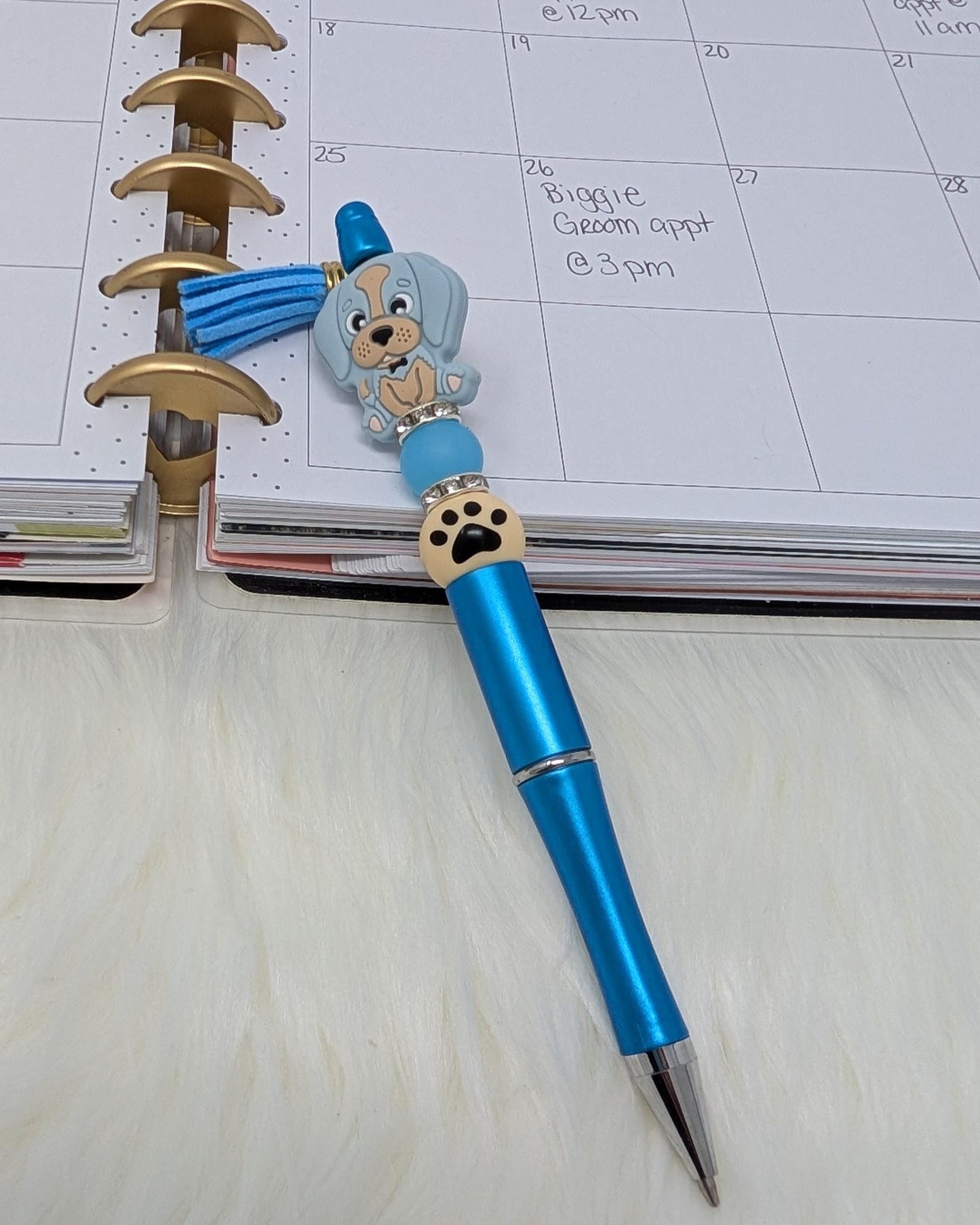 Handmade Beaded Dog Pen: Puppy Charm & Paw Print Tassel