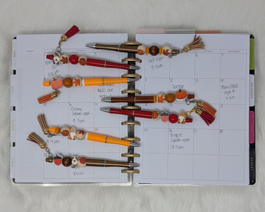 Handmade Fall Beaded Pens with Tassels and Autumn Charms – Pumpkin Spice Decor, Planner Gifts, Office or Teacher Accessories Set