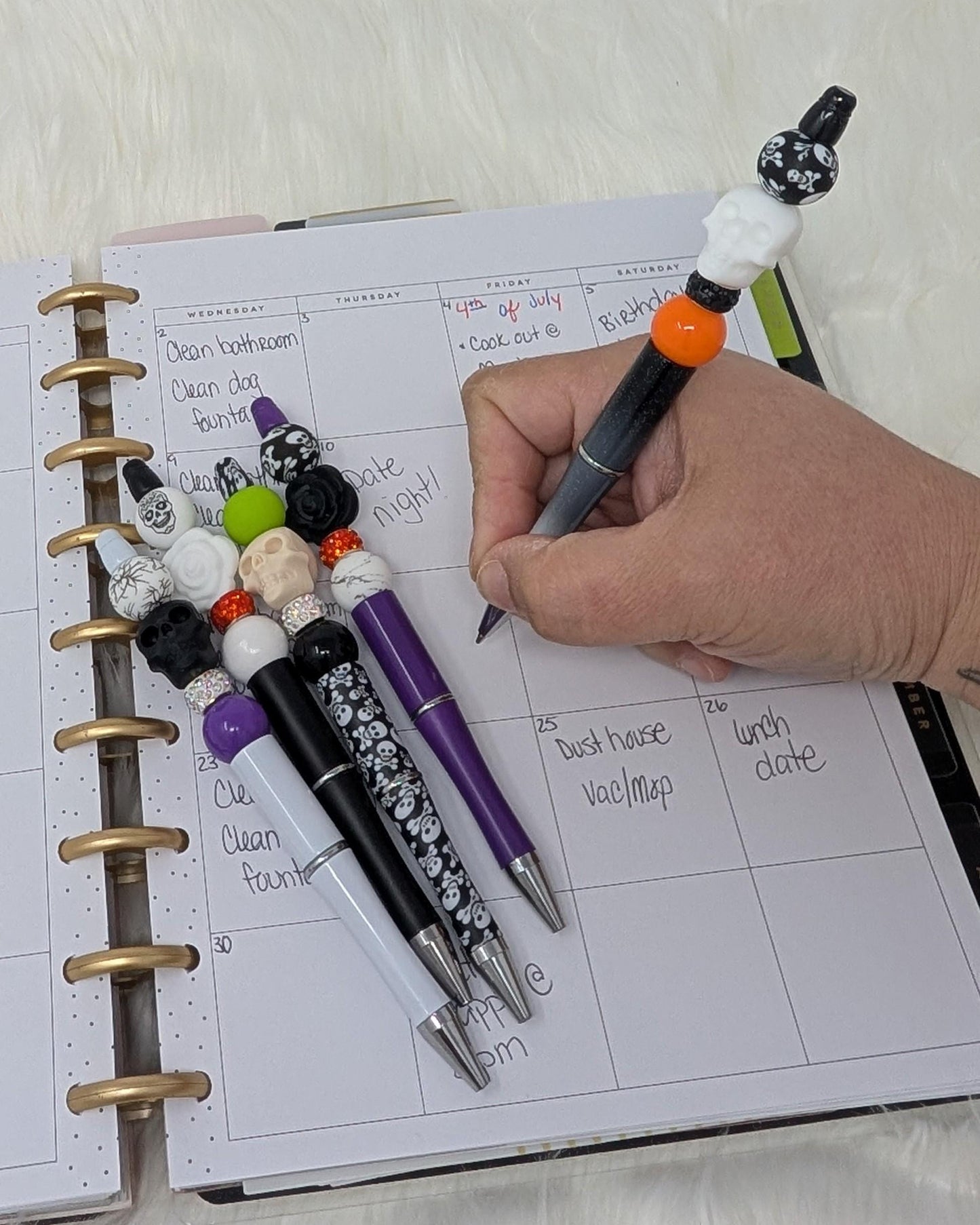 Halloween Skull Beaded Pen Set: Spooky Stationery, Black Ink (Set of 5 or Single)