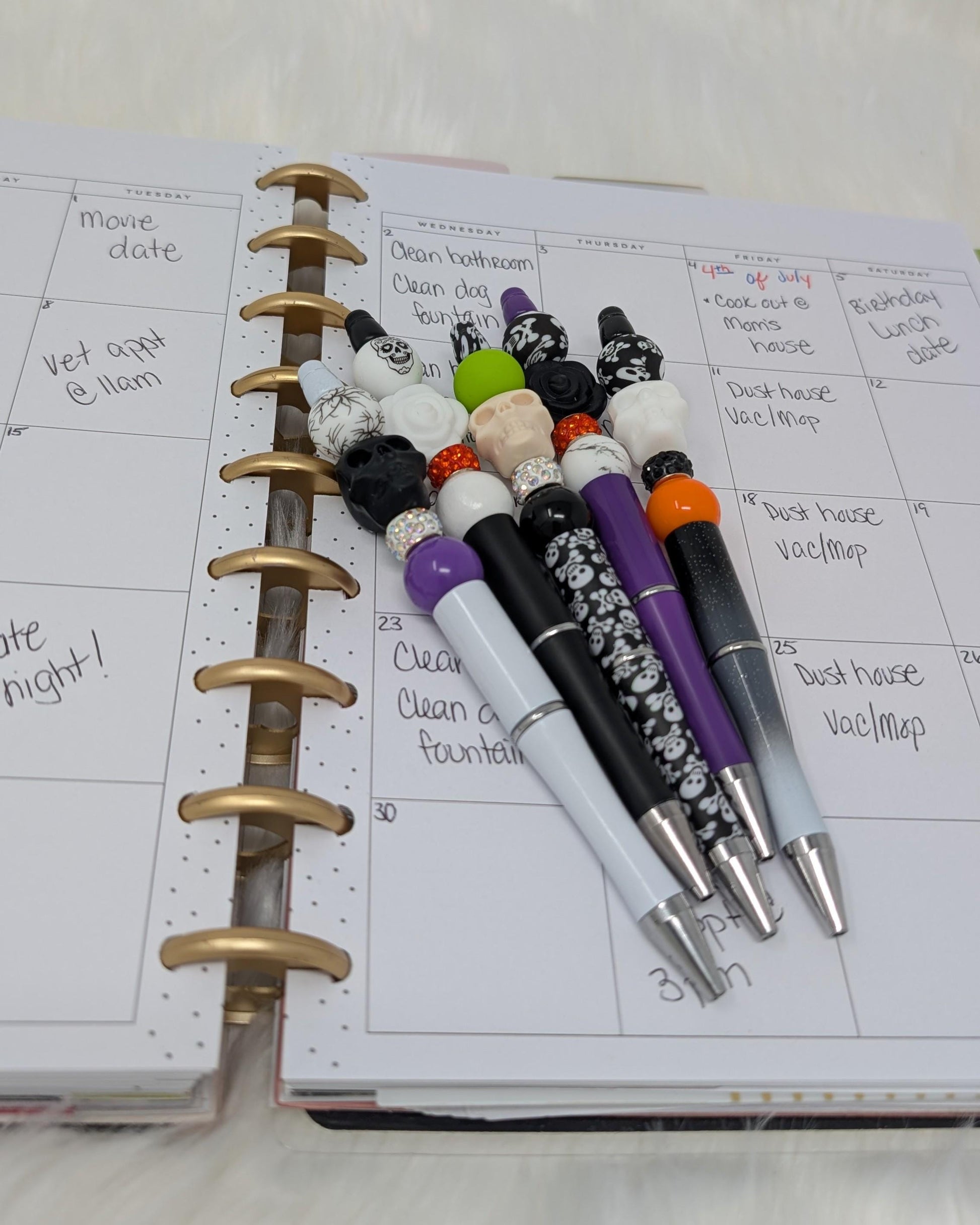 Halloween Skull Beaded Pen Set: Spooky Stationery, Black Ink (Set of 5 or Single)