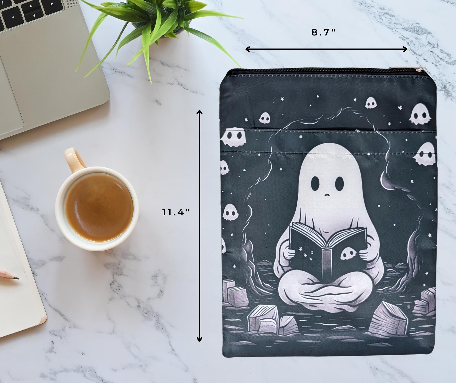 Halloween Book Lover Gift Bundle: Ghost Book Sleeve, Glass Cup & Stickers