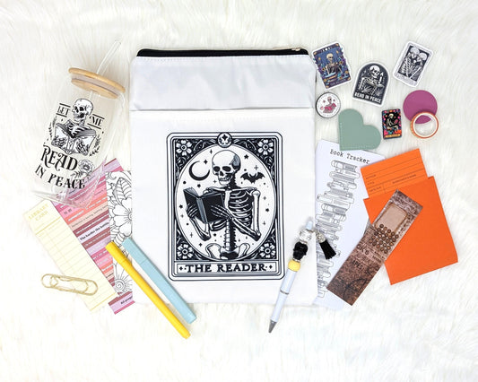 The Reader’s Ritual Set – Skeleton Book Sleeve, Glass Cup, Bookmarks & Reading Accessories Gift Bundle