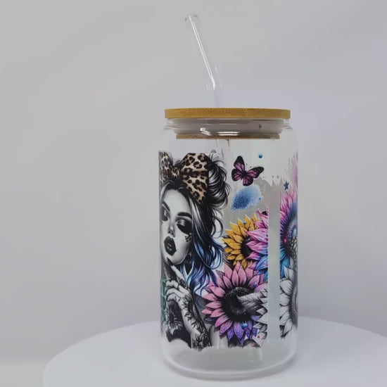 Tattoo Floral Glass Tumbler: Boho Butterfly, Strong Woman Quotes